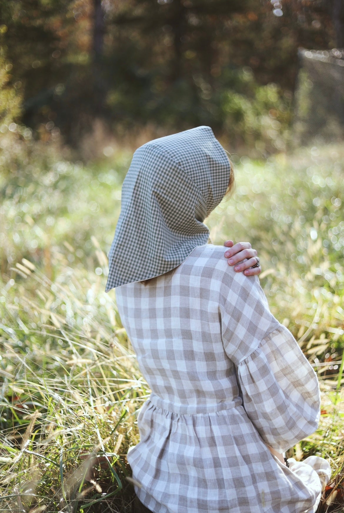 Adult Sophia Headscarf - Green & Beige Gingham