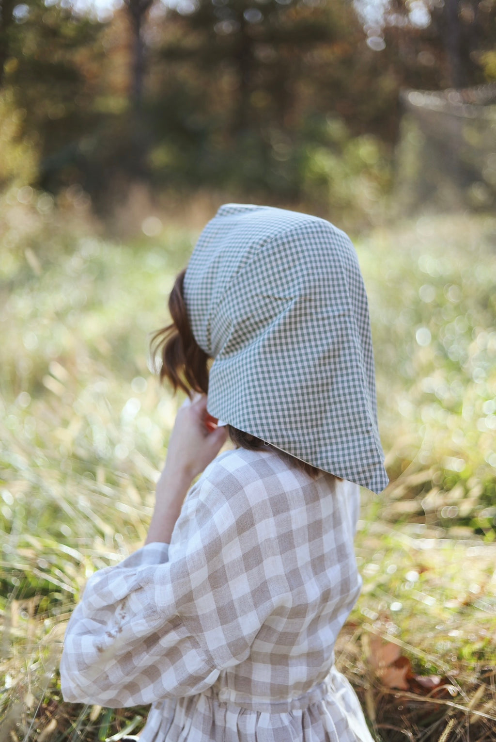 Adult Sophia Headscarf - Green & Beige Gingham